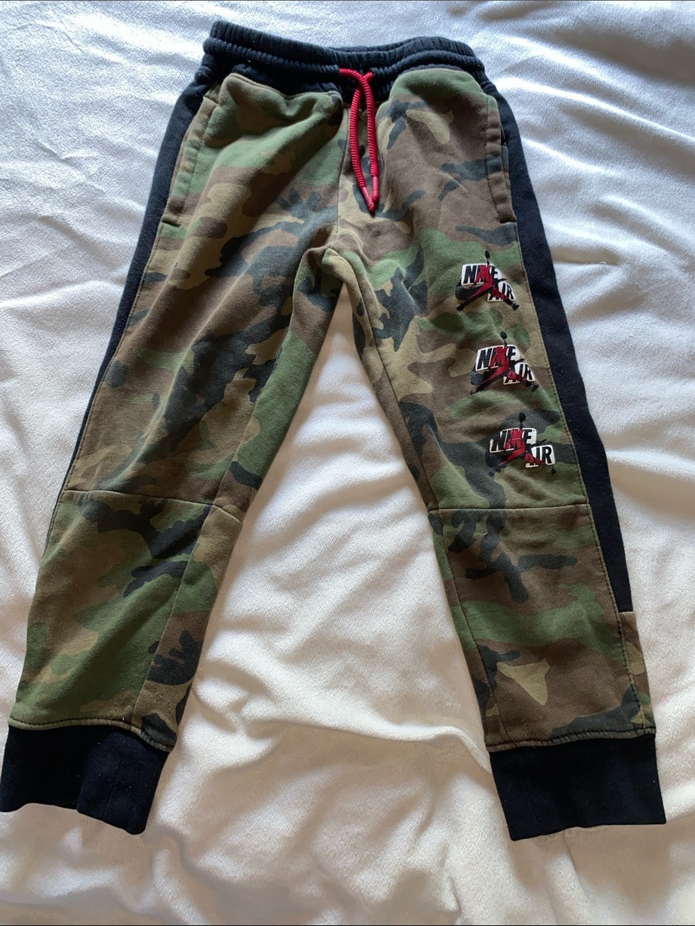Jordan Kids Camo Sweatpants with Black Panels and Red Drawstring